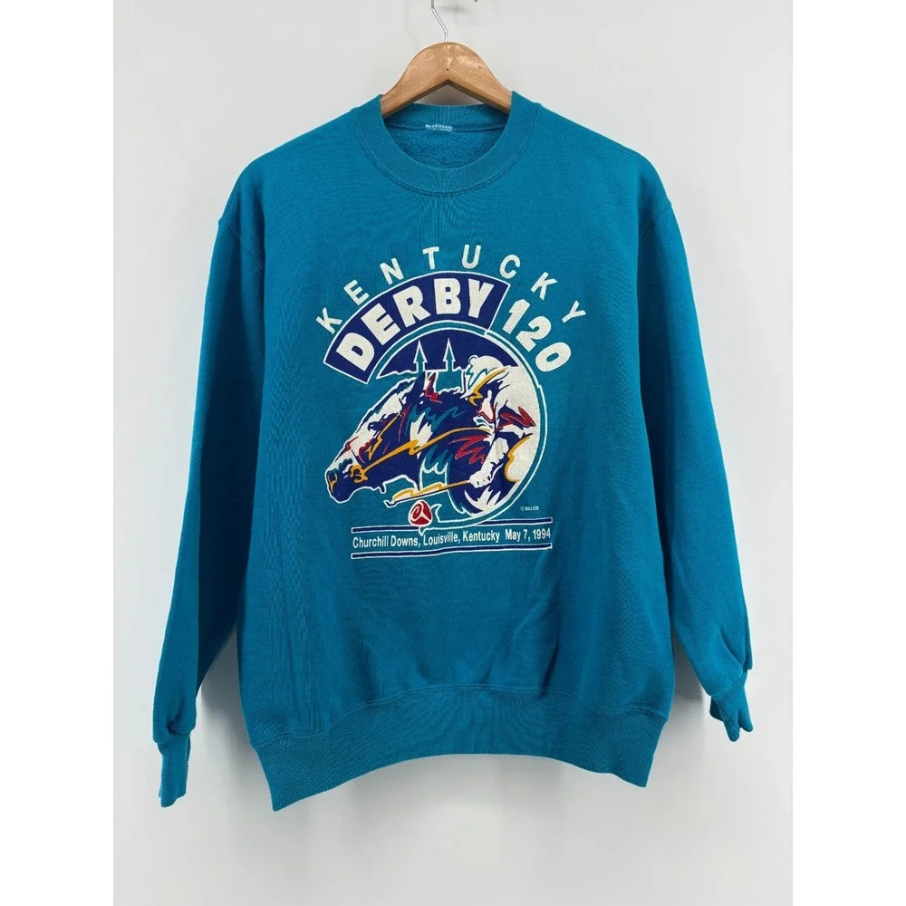 Vintage 1994 Kentucky Derby 120 Sweatshirt Mens Teal Graphic Crewneck Pullover M